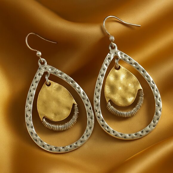 Hammered Silver & Gold Teardrop Earrings – Two-Tone Dangle Jewelry for Women - Picture 1 of 8